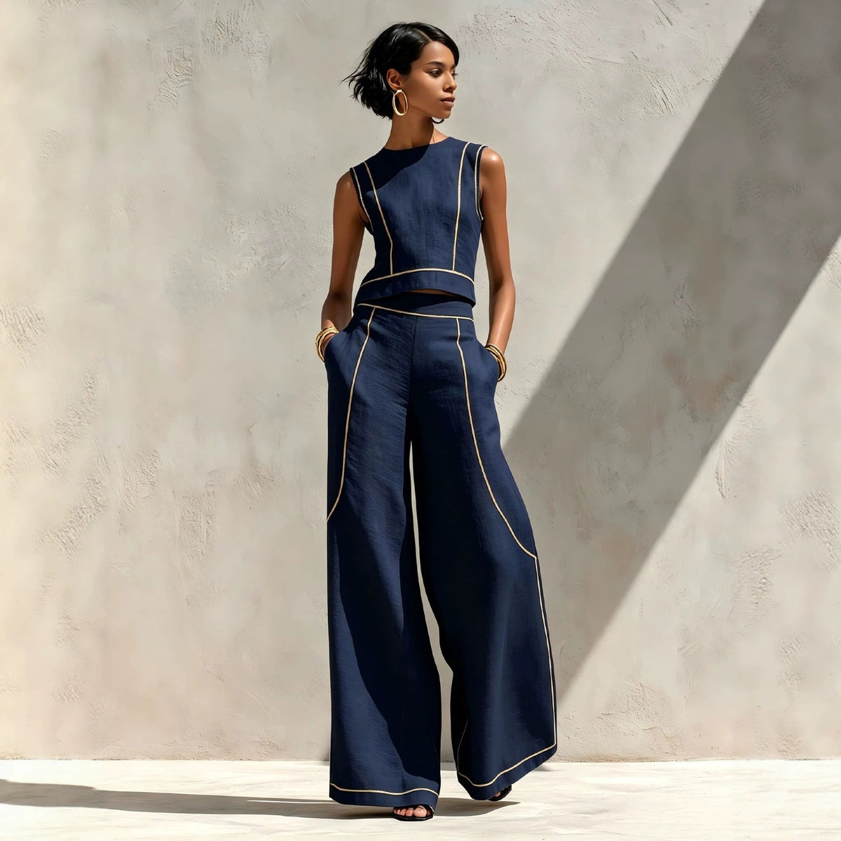 Livia | Contrast-Stitched Wide-Leg Pants Set