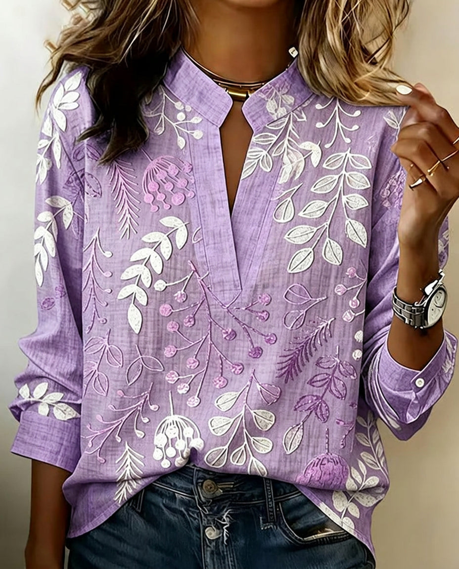 Loretta | Women’s Floral High-Collar Blouse with Three-Quarter Sleeves