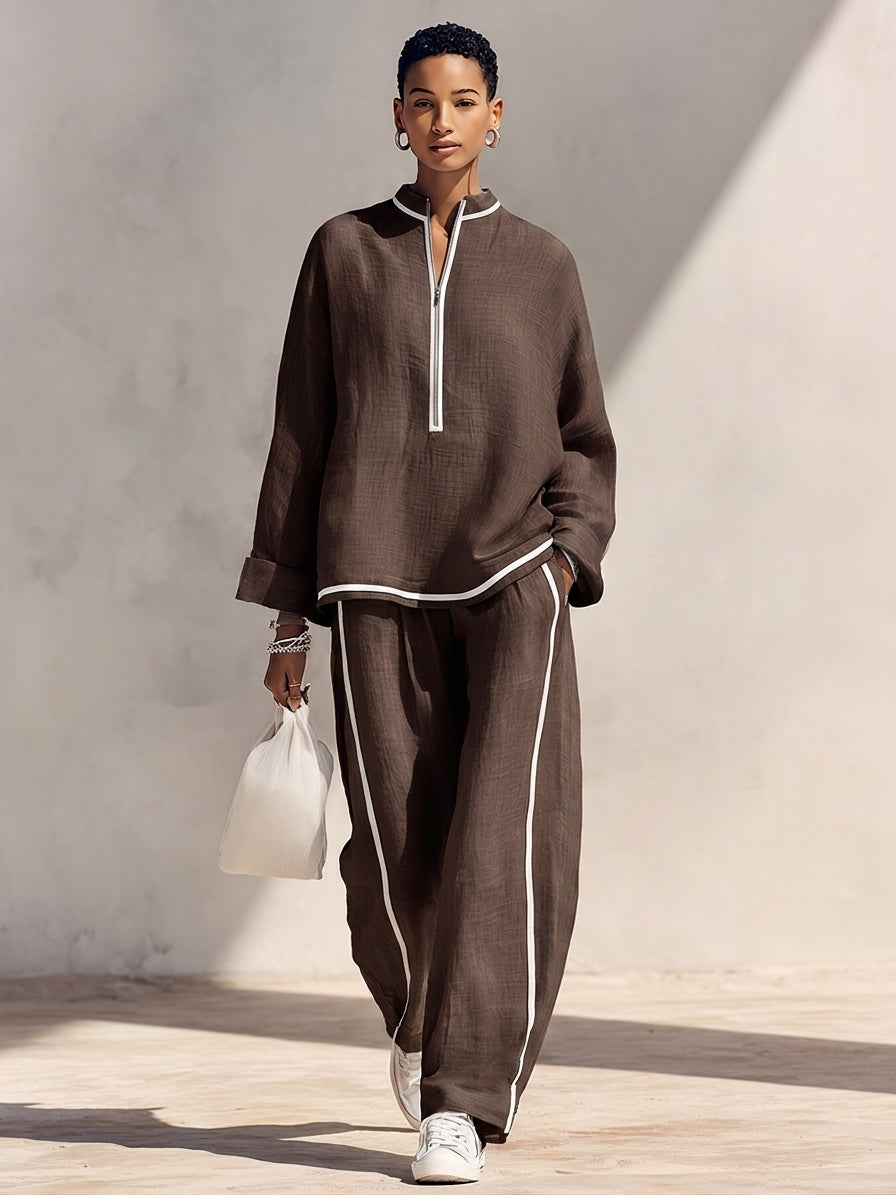 Lucille | Women's Two-Piece Wide-Leg Trousers Set with Half-Zip Top