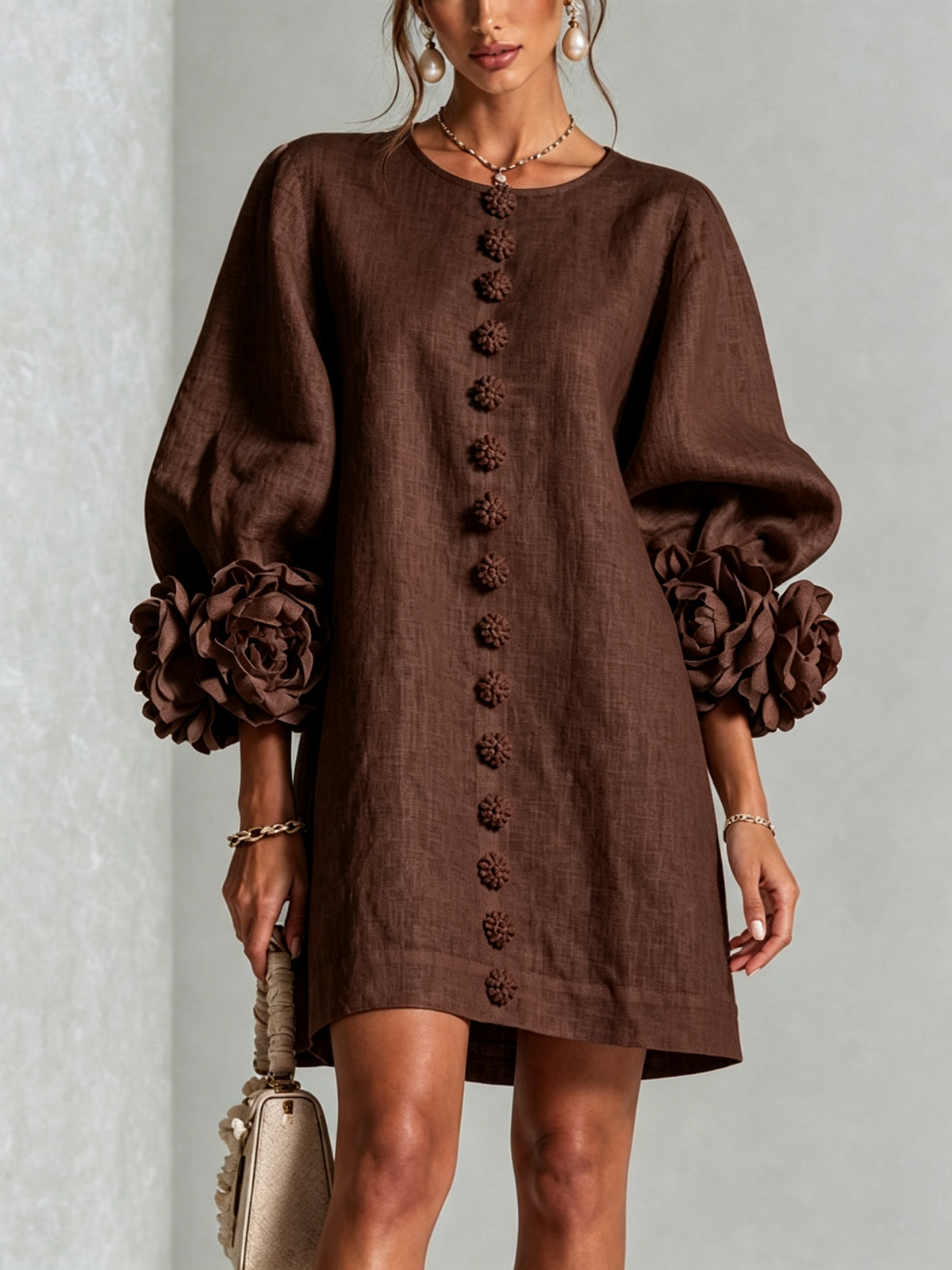 Lydia | Women's A-Line Floral Cuff Button-Front Mini Dress