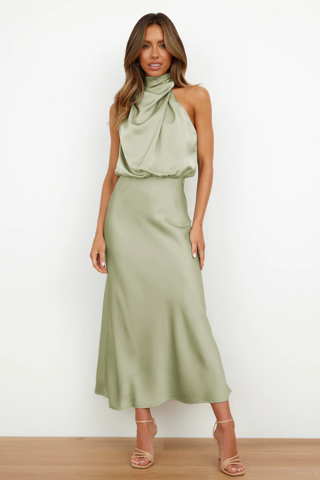 Lyla | Women’s Halter Neck Midi Dress with Draped Cowl Front