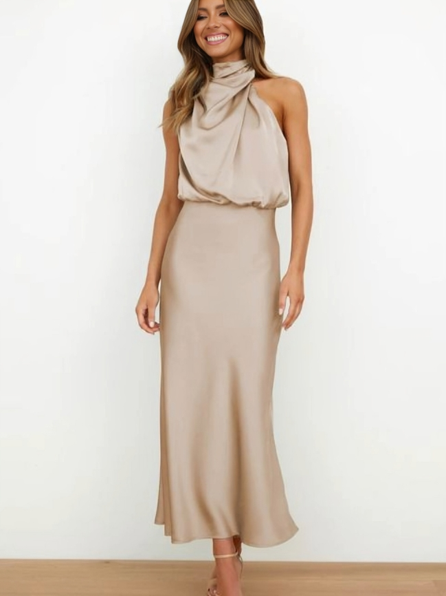 Lyla | Women’s Halter Neck Midi Dress with Draped Cowl Front