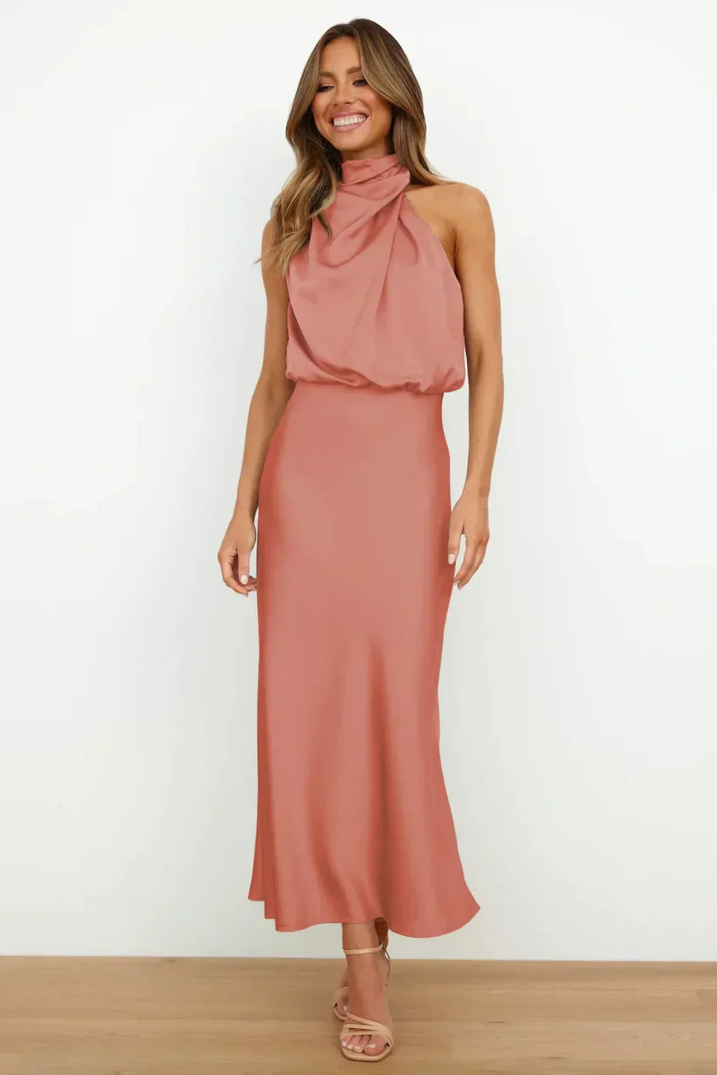 Lyla | Women’s Halter Neck Midi Dress with Draped Cowl Front