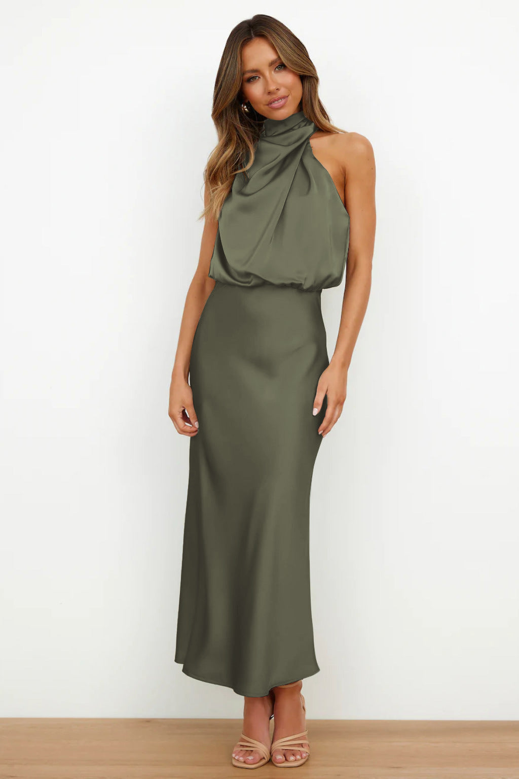 Lyla | Women’s Halter Neck Midi Dress with Draped Cowl Front