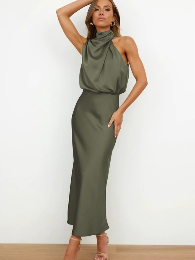 Lyla | Women’s Halter Neck Midi Dress with Draped Cowl Front