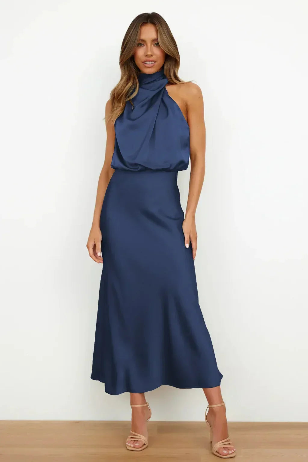 Lyla | Women’s Halter Neck Midi Dress with Draped Cowl Front