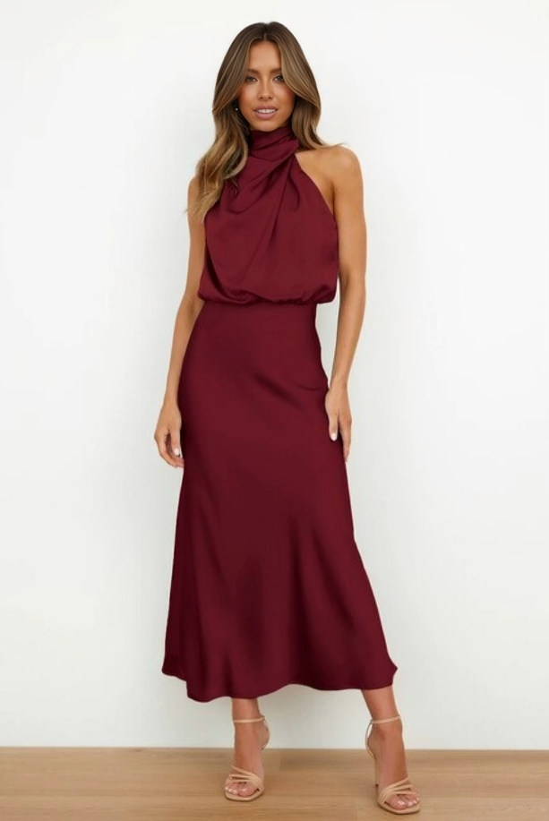 Lyla | Women’s Halter Neck Midi Dress with Draped Cowl Front