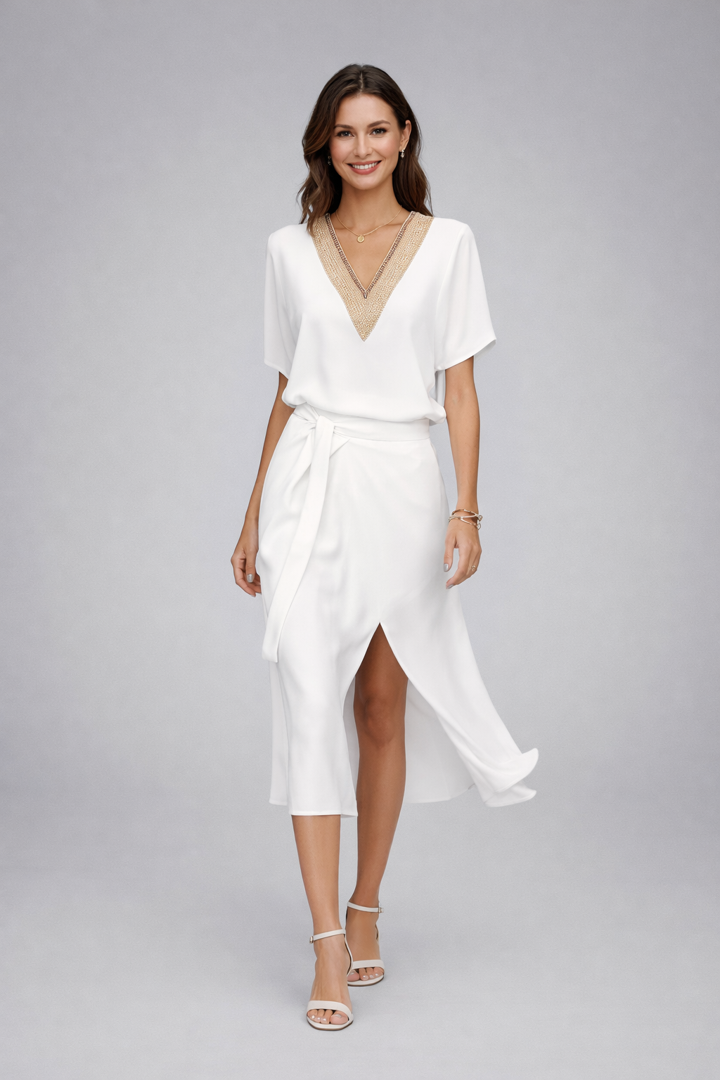 Madeline | Women's Summer Wrap Midi Dress with Gold-Embellished V-Neck