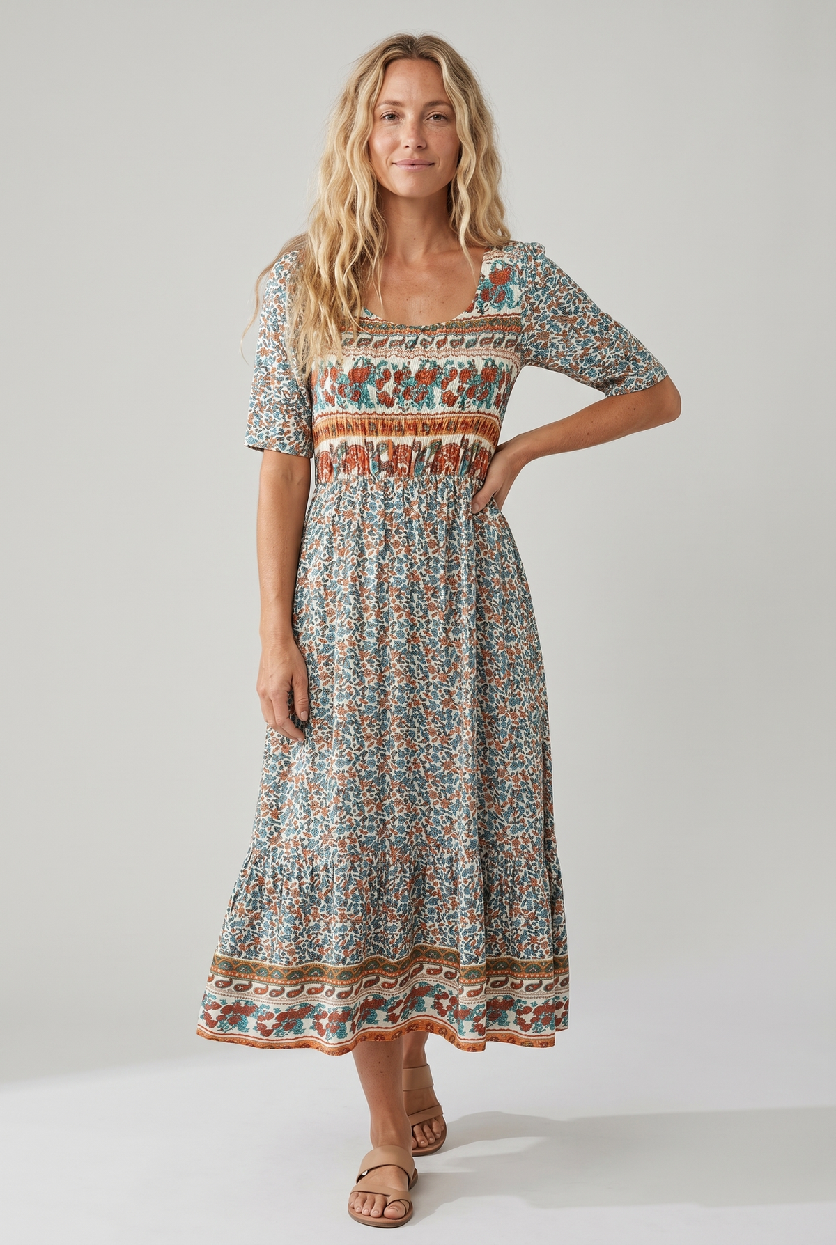 Maribela | Women's Boho Print Midi Dress with Tiered Skirt