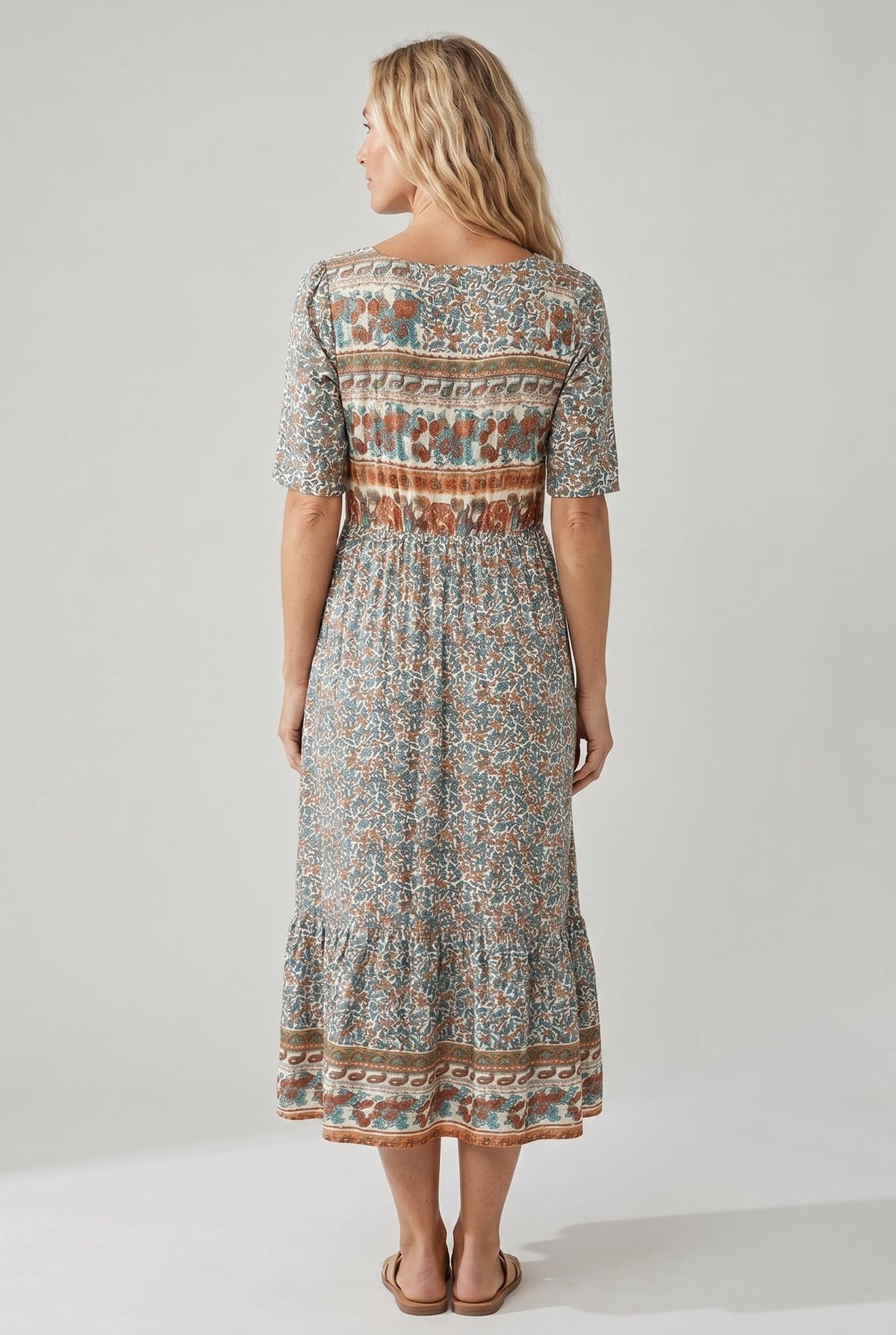 Maribela | Women's Boho Print Midi Dress with Tiered Skirt