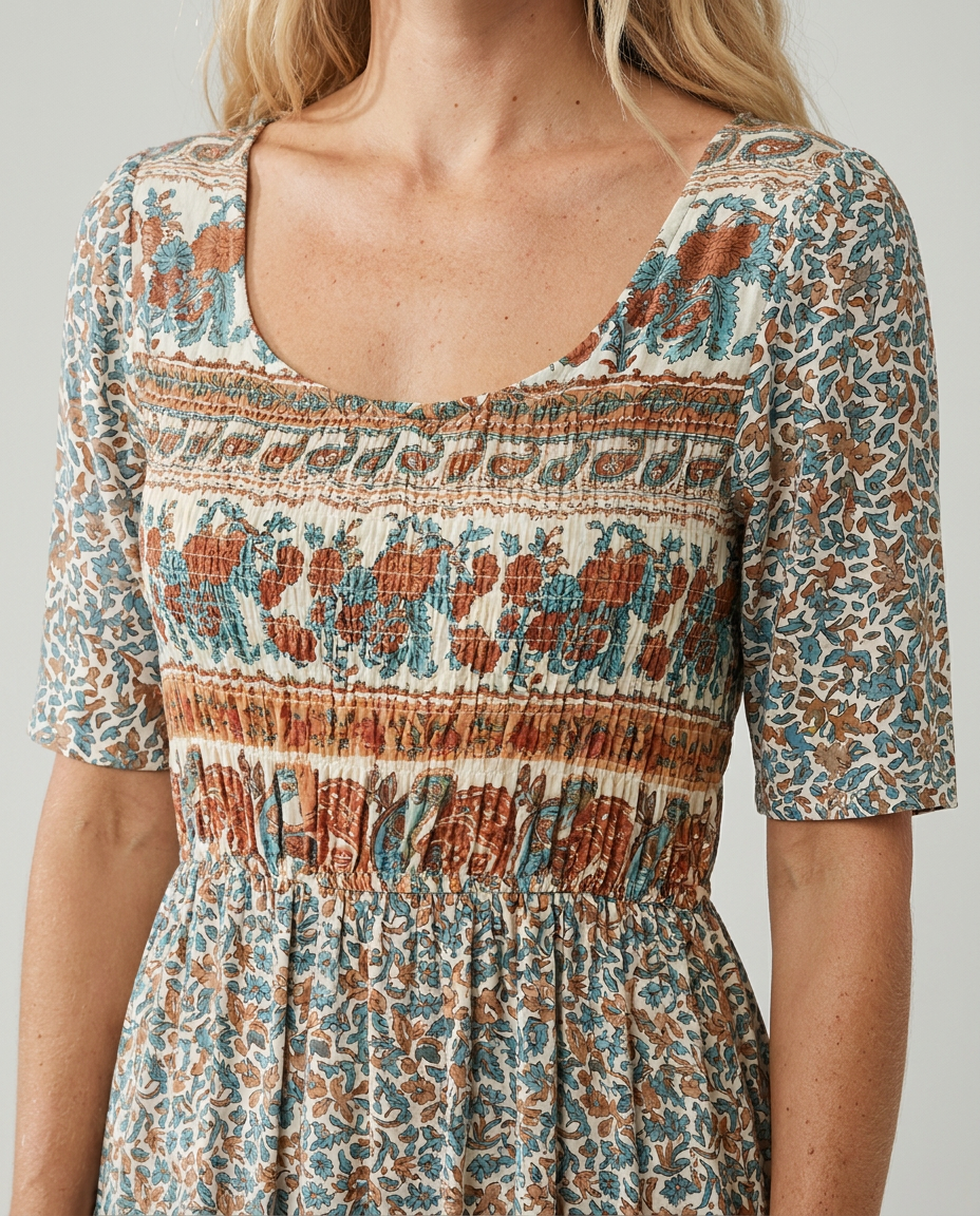 Maribela | Women's Boho Print Midi Dress with Tiered Skirt