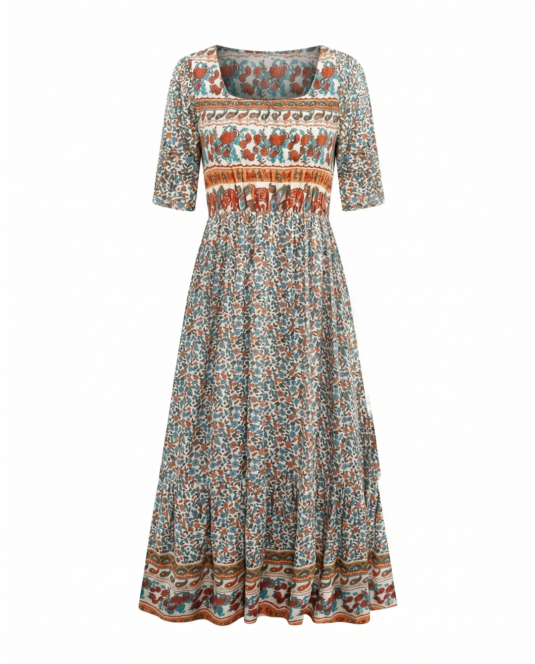Maribela | Women's Boho Print Midi Dress with Tiered Skirt