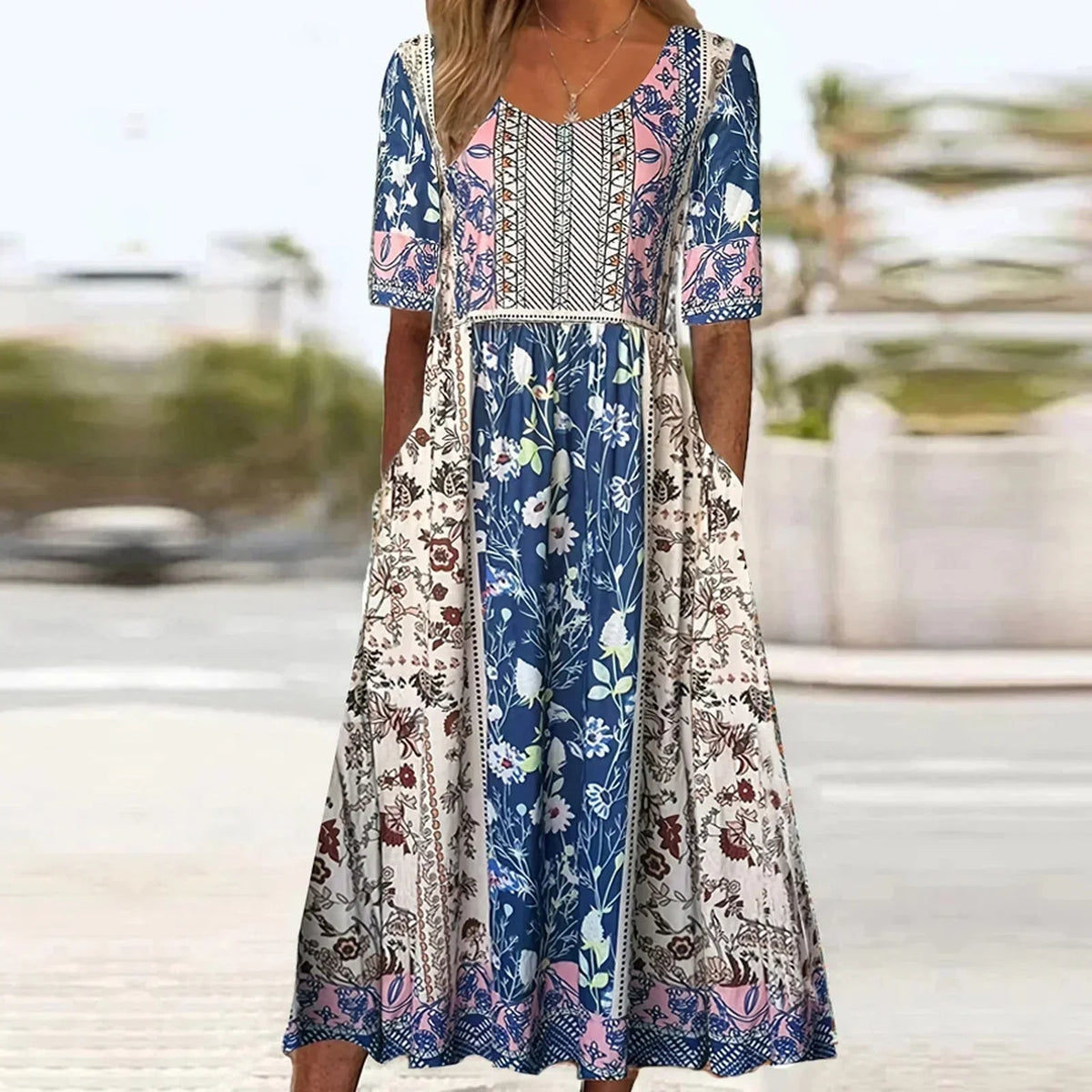 Maribela | Women's Boho Print Midi Dress with Tiered Skirt