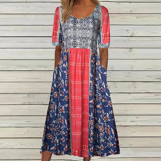 Maribela | Women's Boho Print Midi Dress with Tiered Skirt