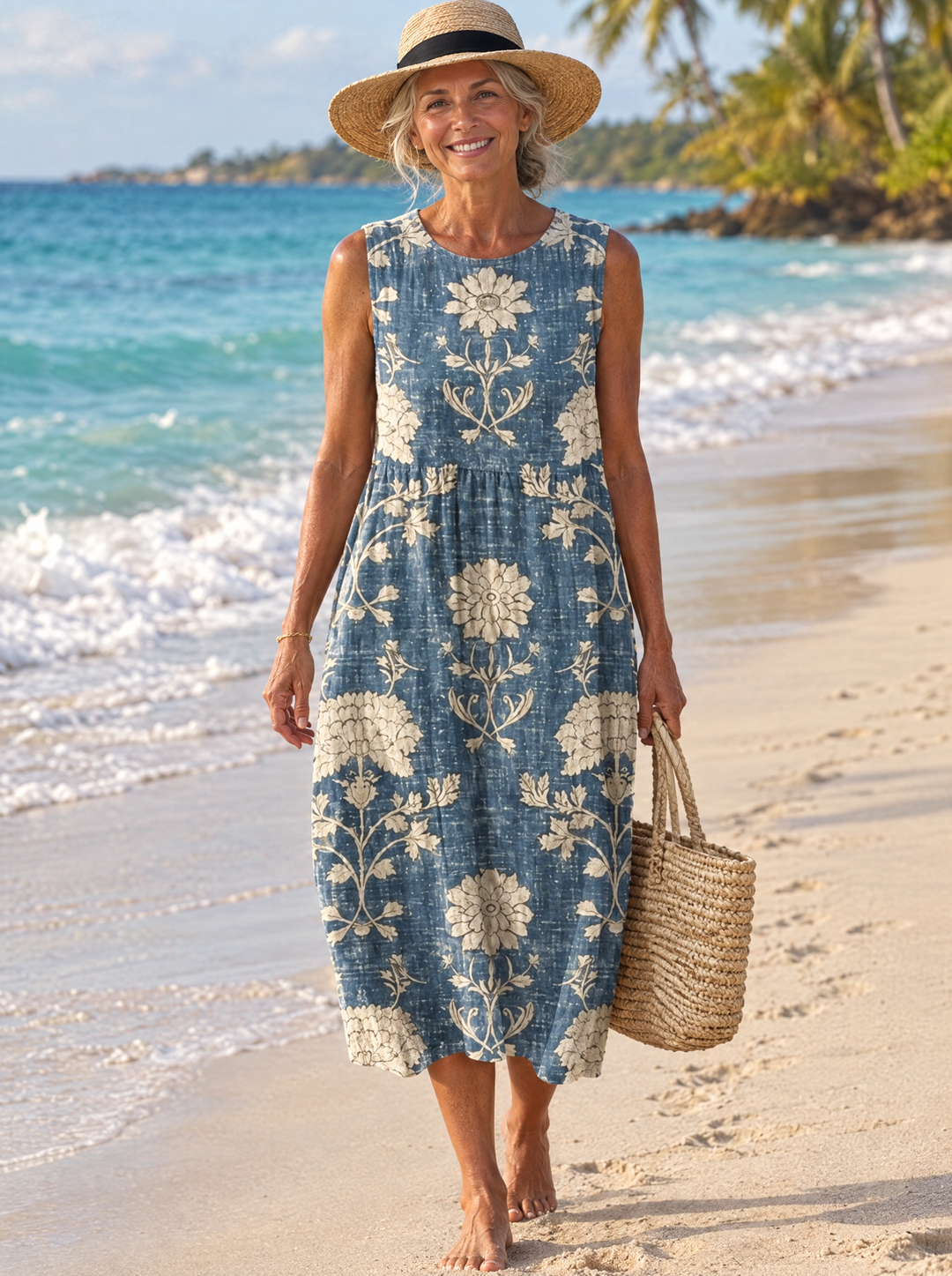 Maribelle | Women's Blue Damask Print Midi Dress
