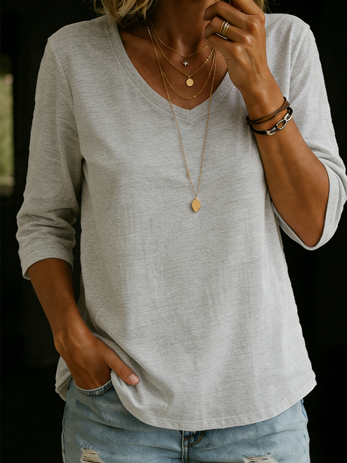 Maribelle | Women's V-Neck Three-Quarter Sleeve T-Shirt
