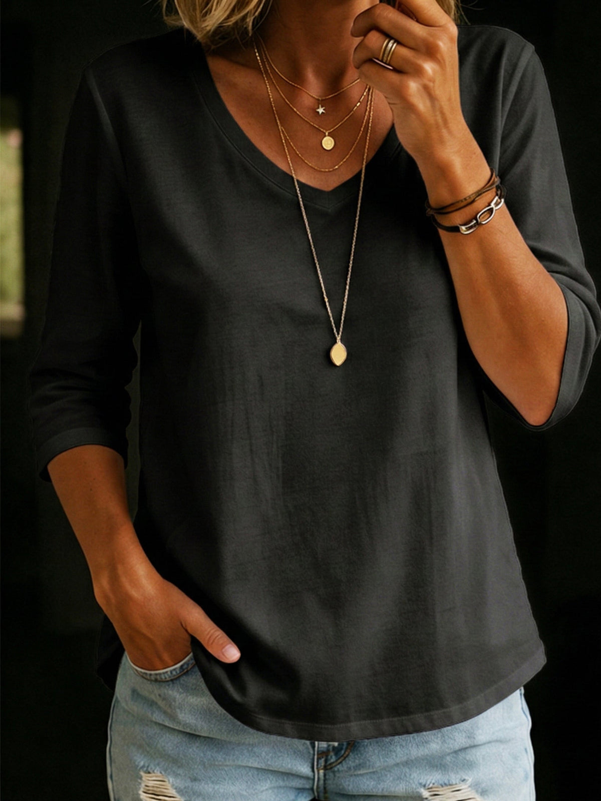 Maribelle | Women's V-Neck Three-Quarter Sleeve T-Shirt