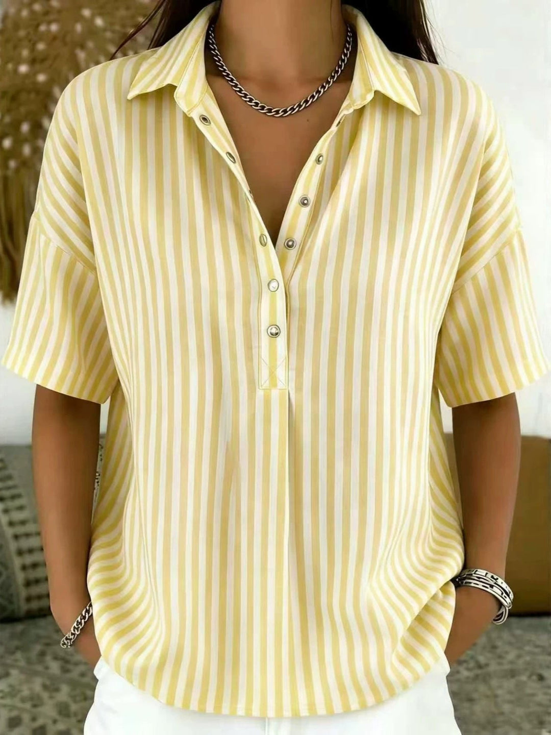 Marinae | Women's Striped Collared Half-Button Blouse