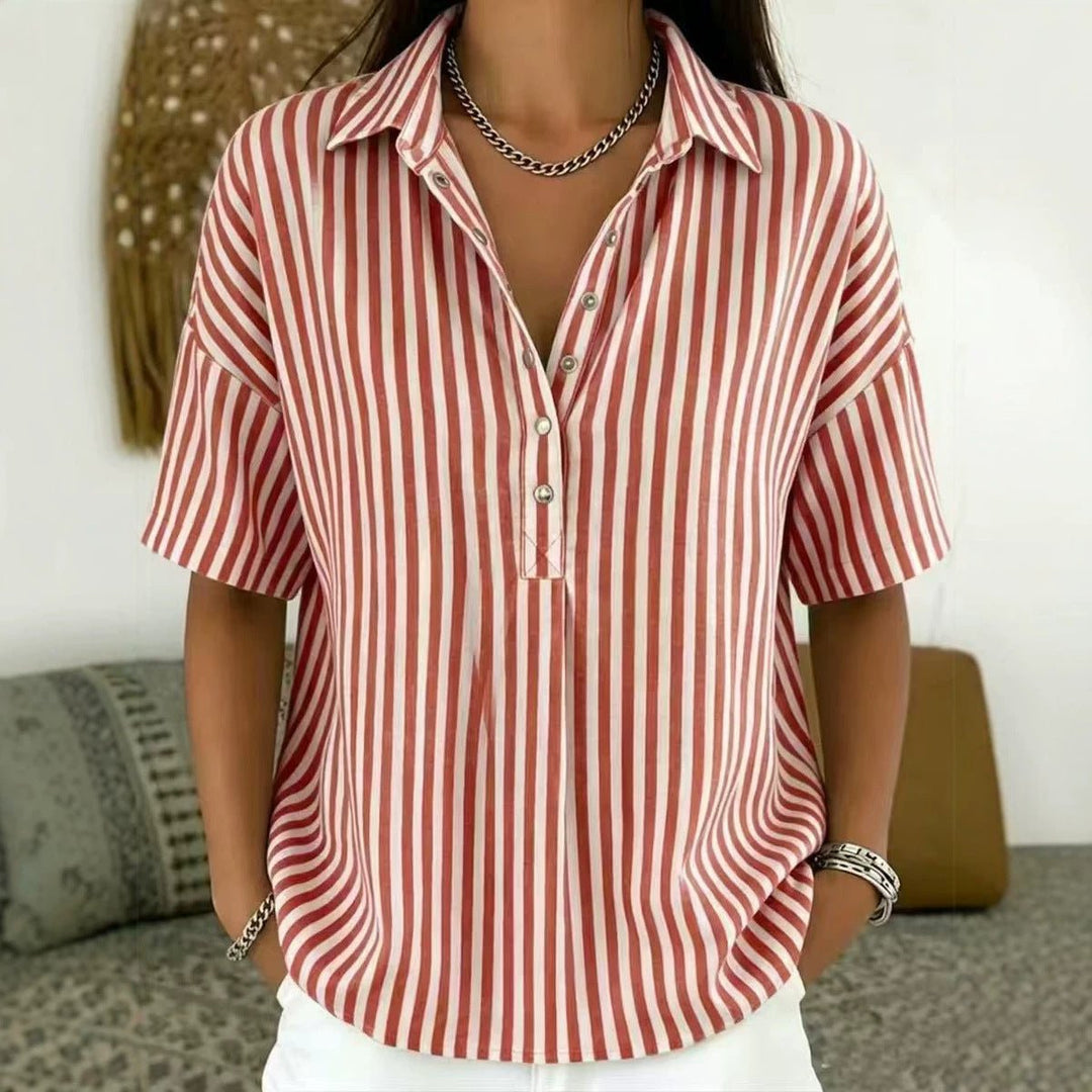 Marinae | Women's Striped Collared Half-Button Blouse