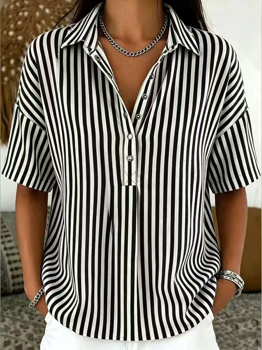 Marinae | Women's Striped Collared Half-Button Blouse