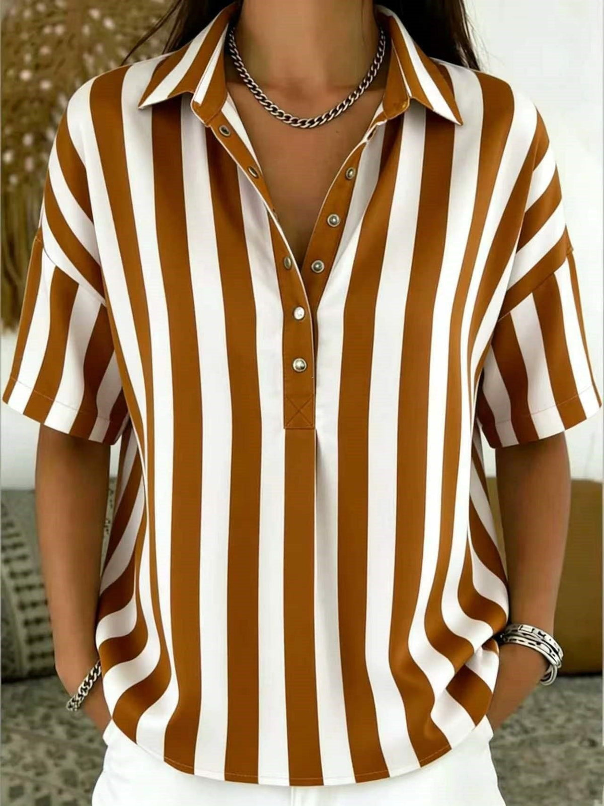 Marinae | Women's Striped Collared Half-Button Blouse