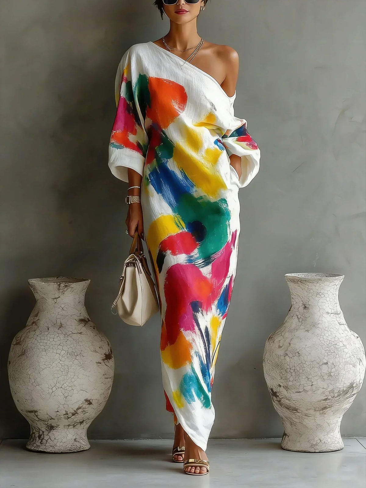 Marivana | Women's Abstract Print One-Shoulder Maxi Dress