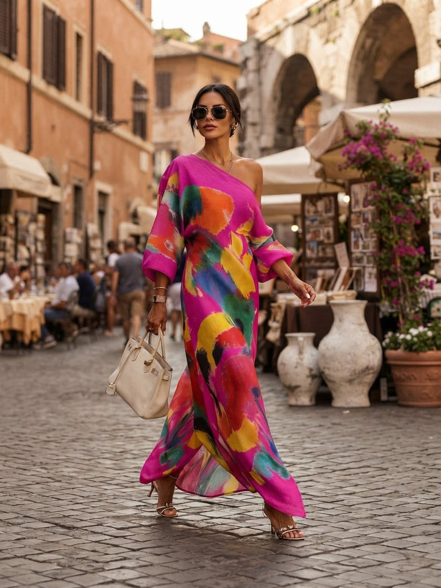 Marivana | Women's Abstract Print One-Shoulder Maxi Dress