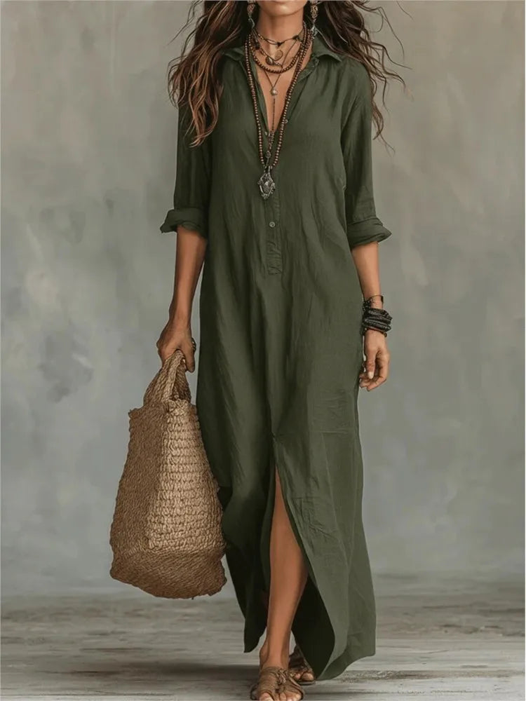 Marlene | Women’s Maxi Shirt Dress with Button Placket