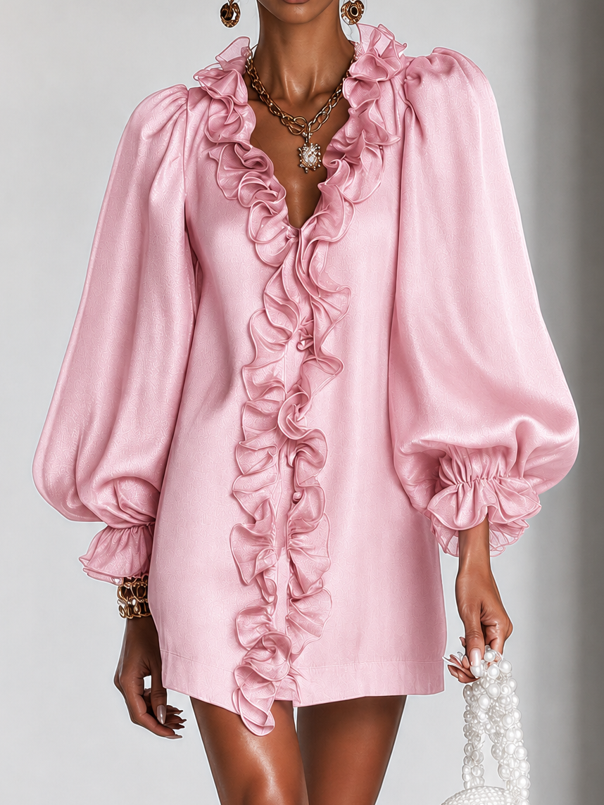 Matilda | Women's Ruffle Front Puff Sleeve Shift Mini Dress