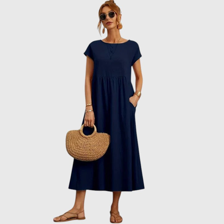 Matilda | Women's Casual Midi Dress with Short Sleeves and Pockets