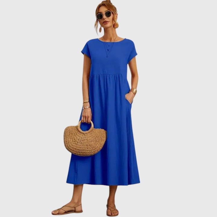Matilda | Women's Casual Midi Dress with Short Sleeves and Pockets