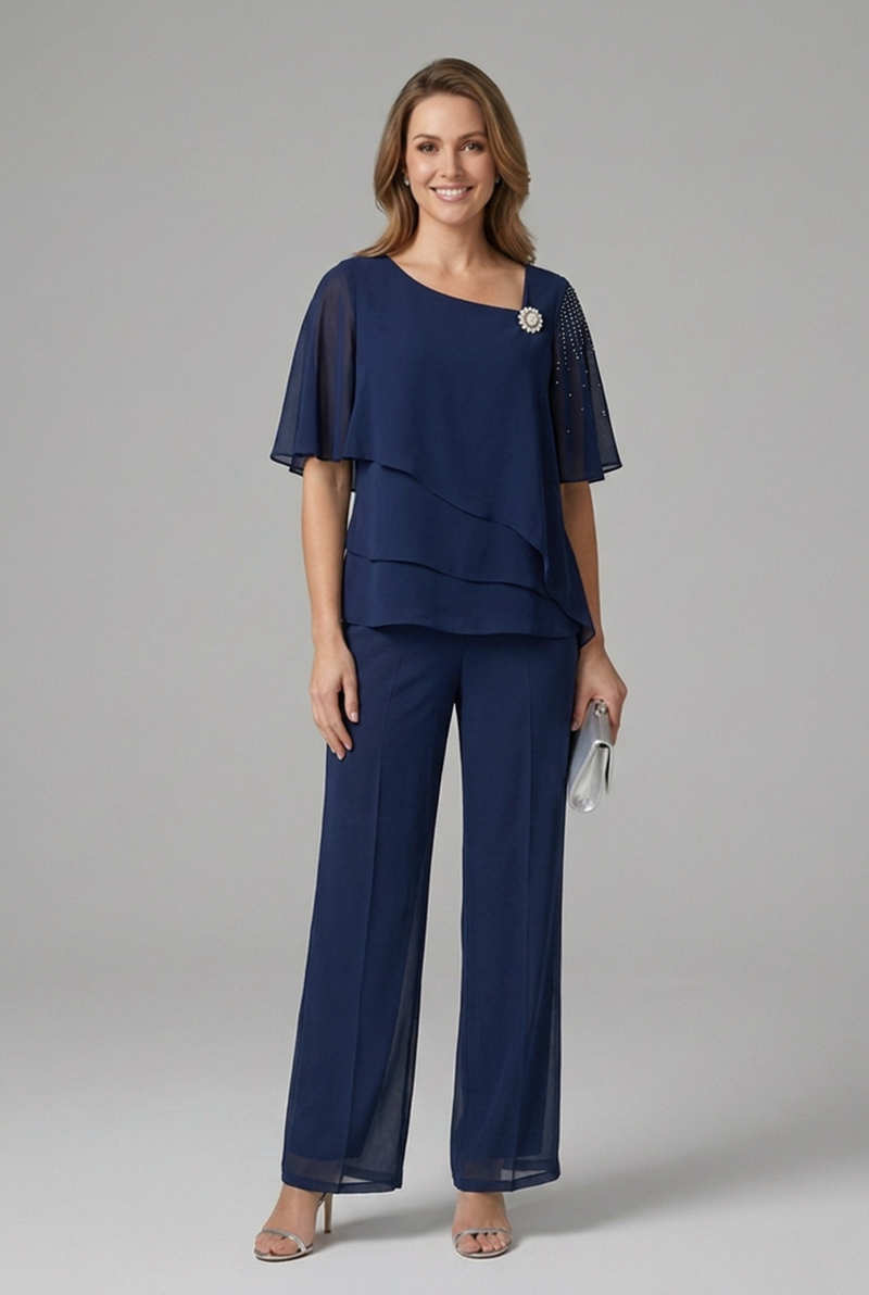 Melanie | Women's Two-Piece Layered Top and Straight-Leg Trousers Set