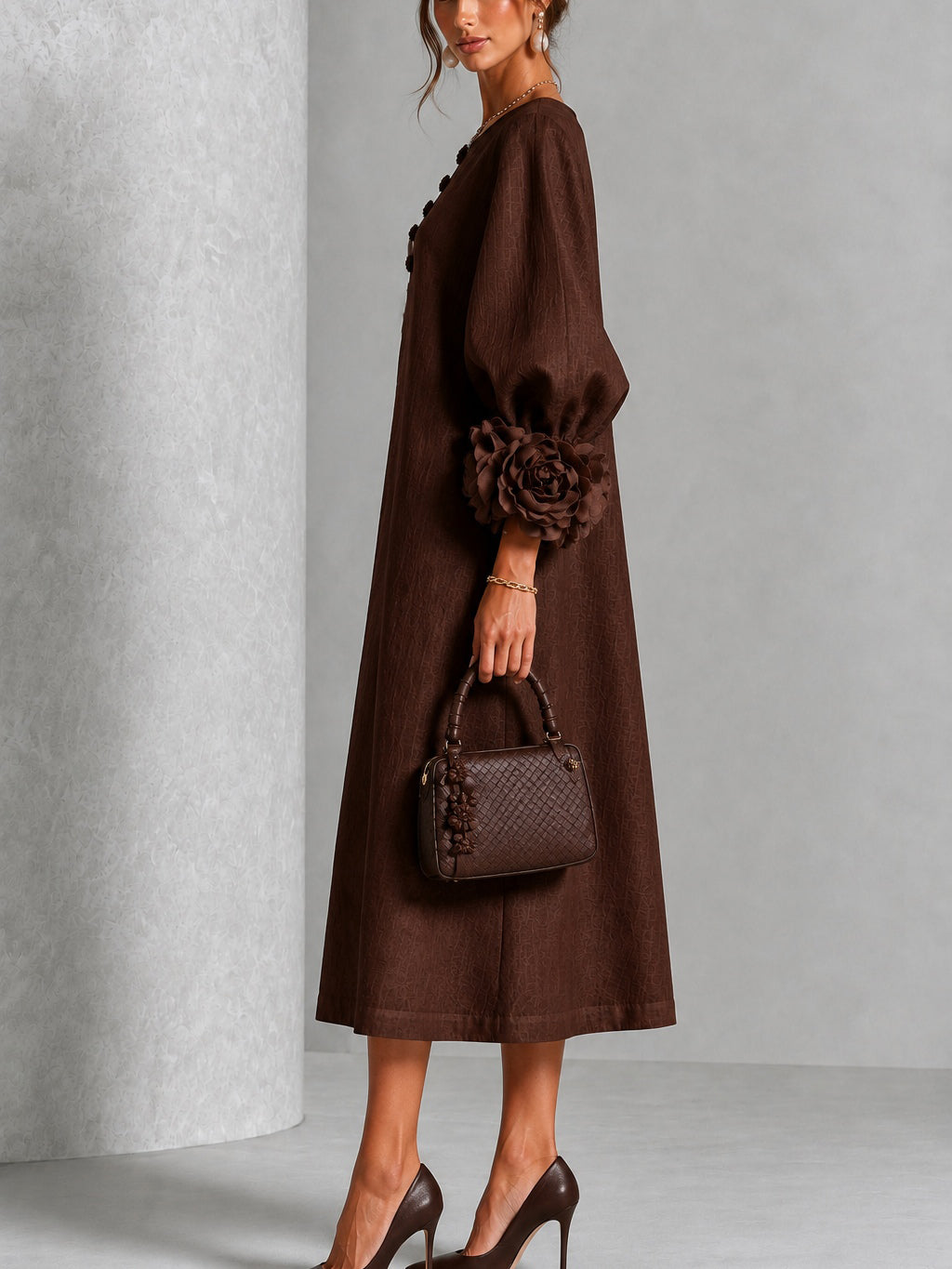 Miriam | Women's Rosette Cuff Button-Front Midi Dress