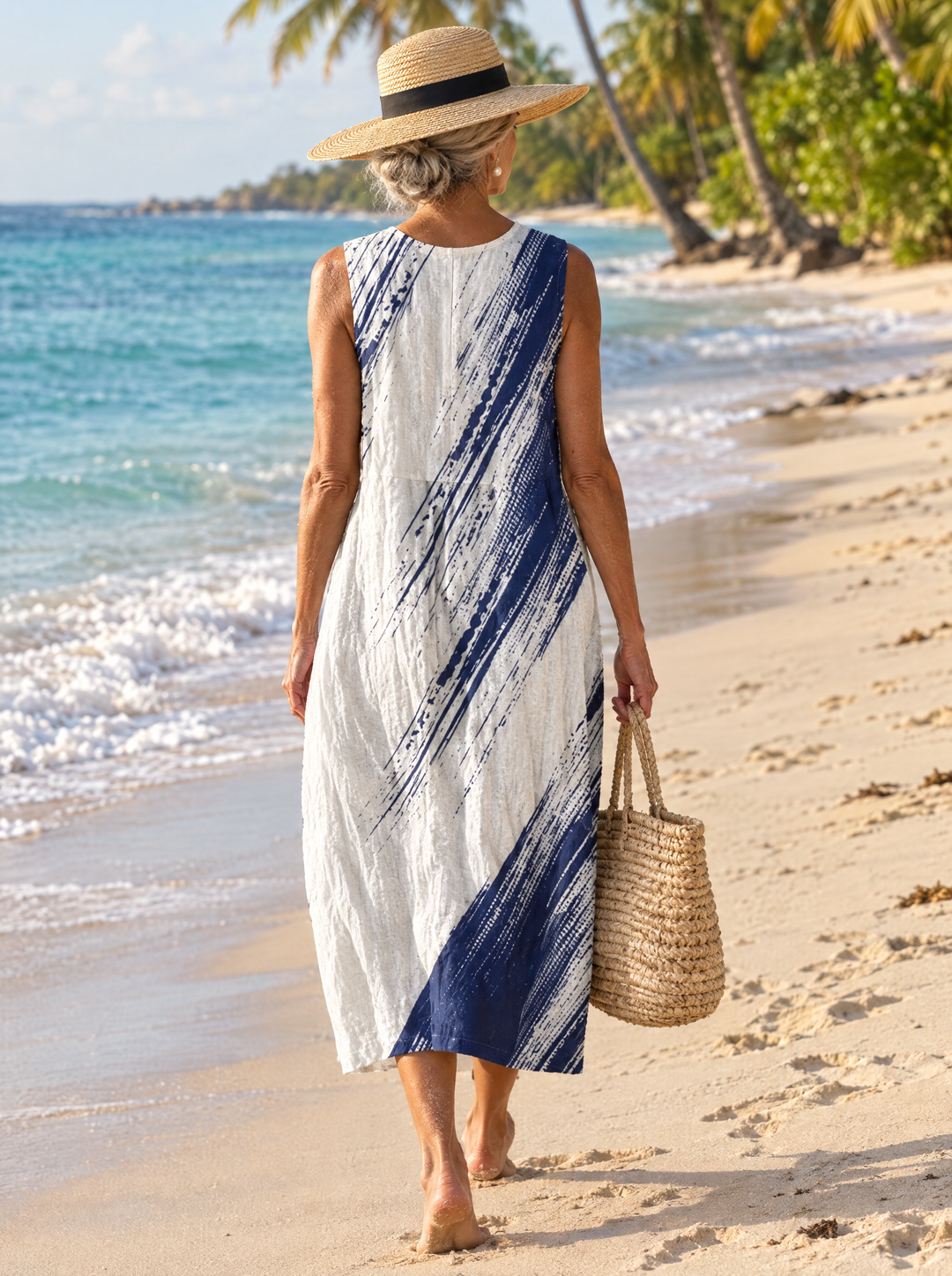 Miriam | Women's Indigo Brushstroke Print Midi Dress