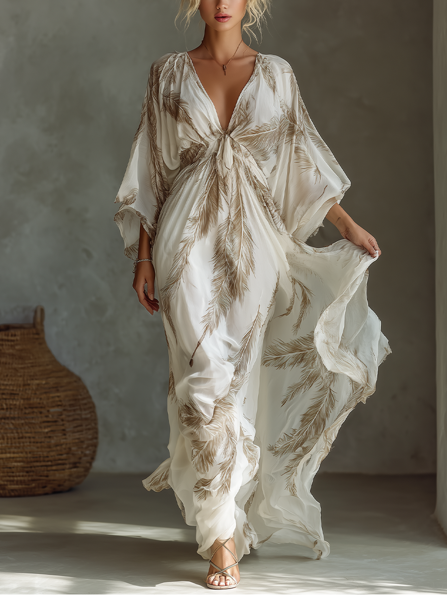 Molly | Women's Feather Print Maxi Dress with Batwing Sleeves