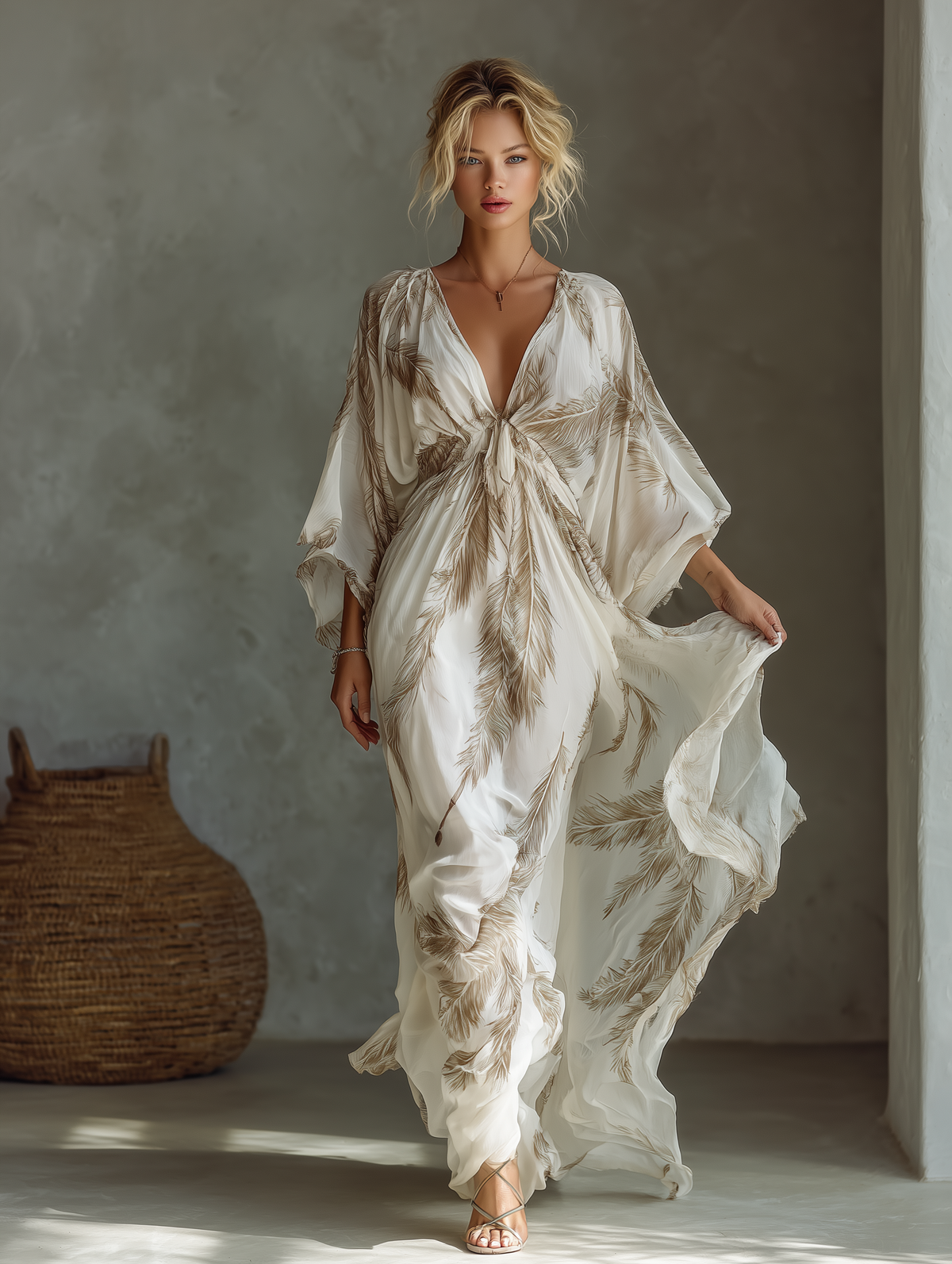 Molly | Women's Feather Print Maxi Dress with Batwing Sleeves