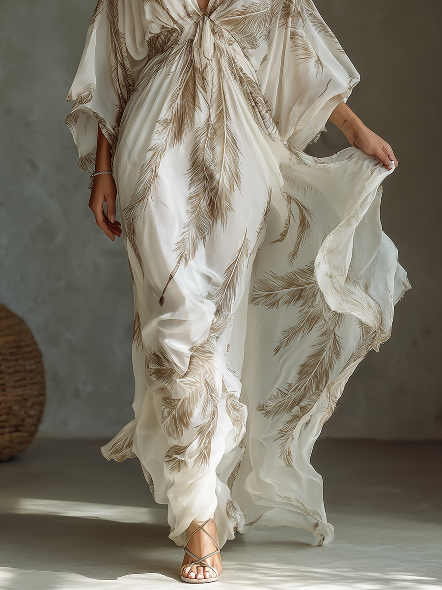 Molly | Women's Feather Print Maxi Dress with Batwing Sleeves