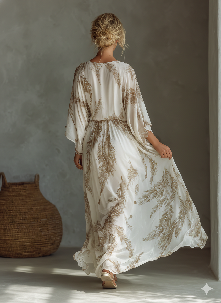Molly | Women's Feather Print Maxi Dress with Batwing Sleeves