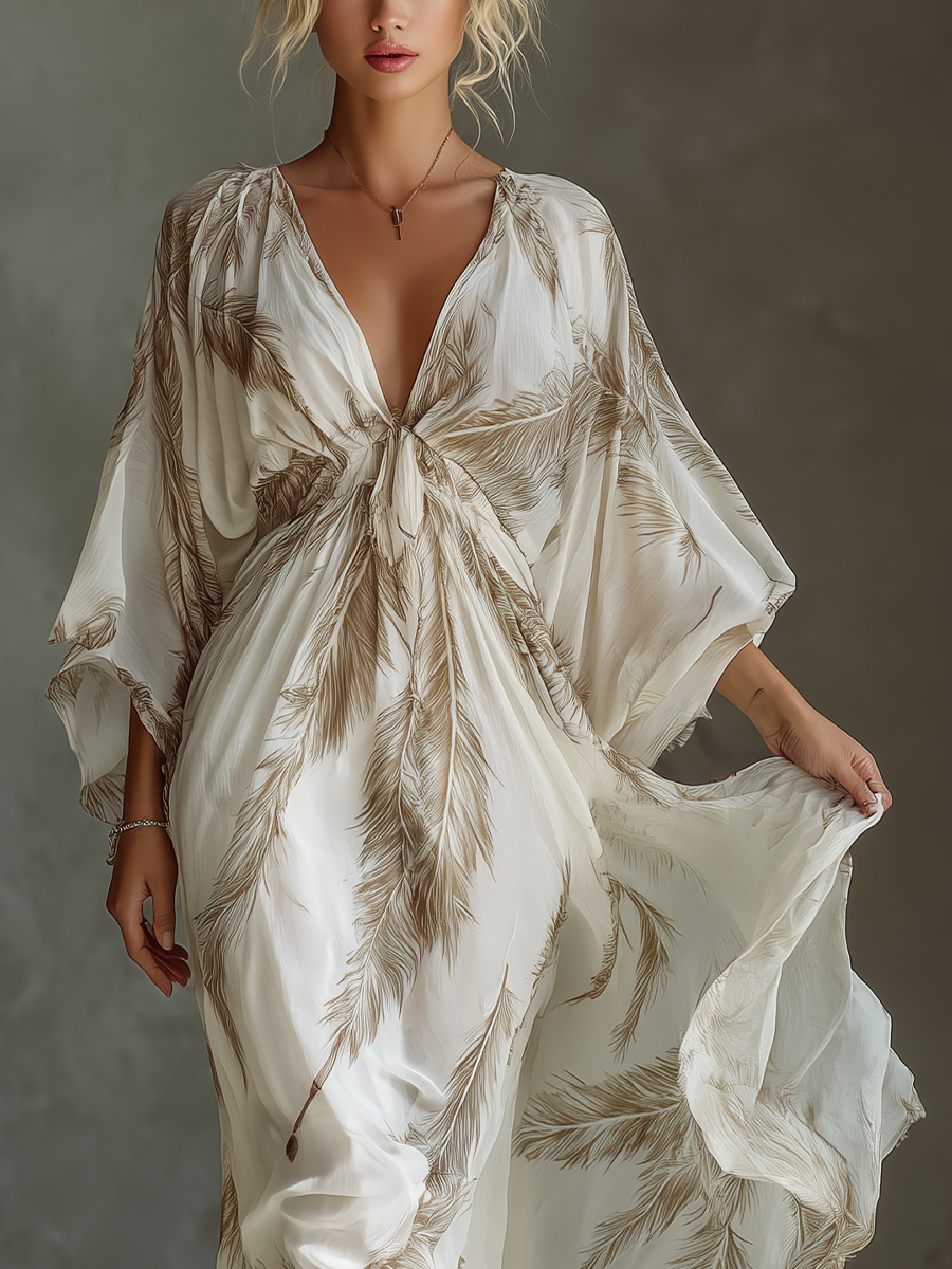 Molly | Women's Feather Print Maxi Dress with Batwing Sleeves