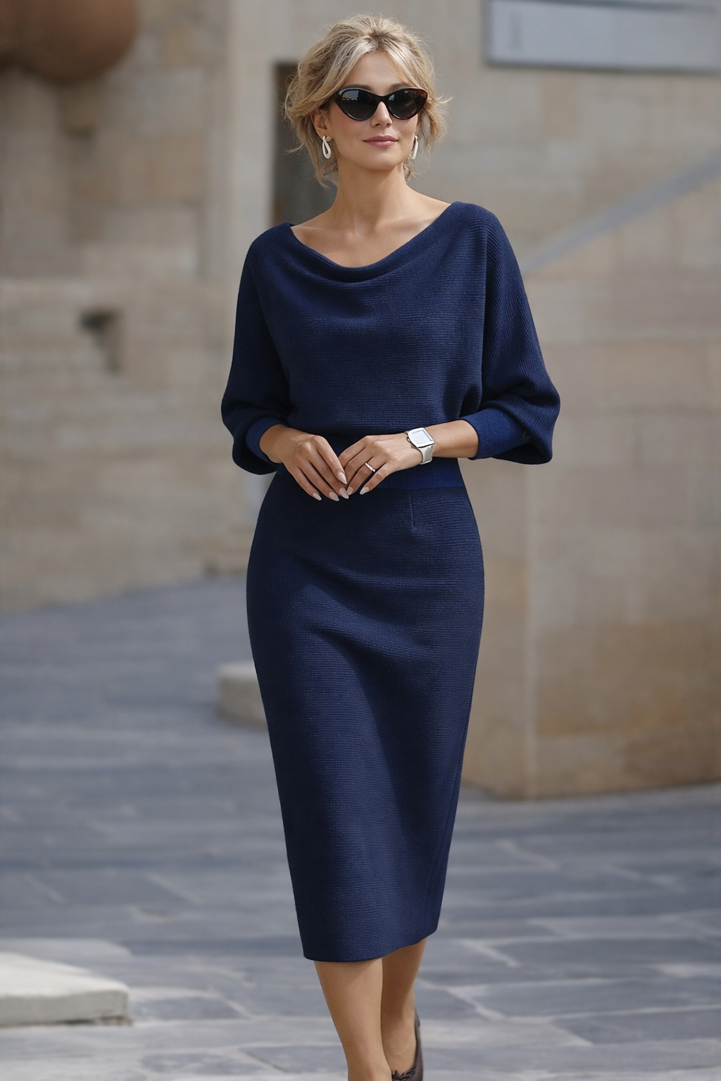 Morgan | Women's Round-Neck Midi Dress with Batwing Sleeves