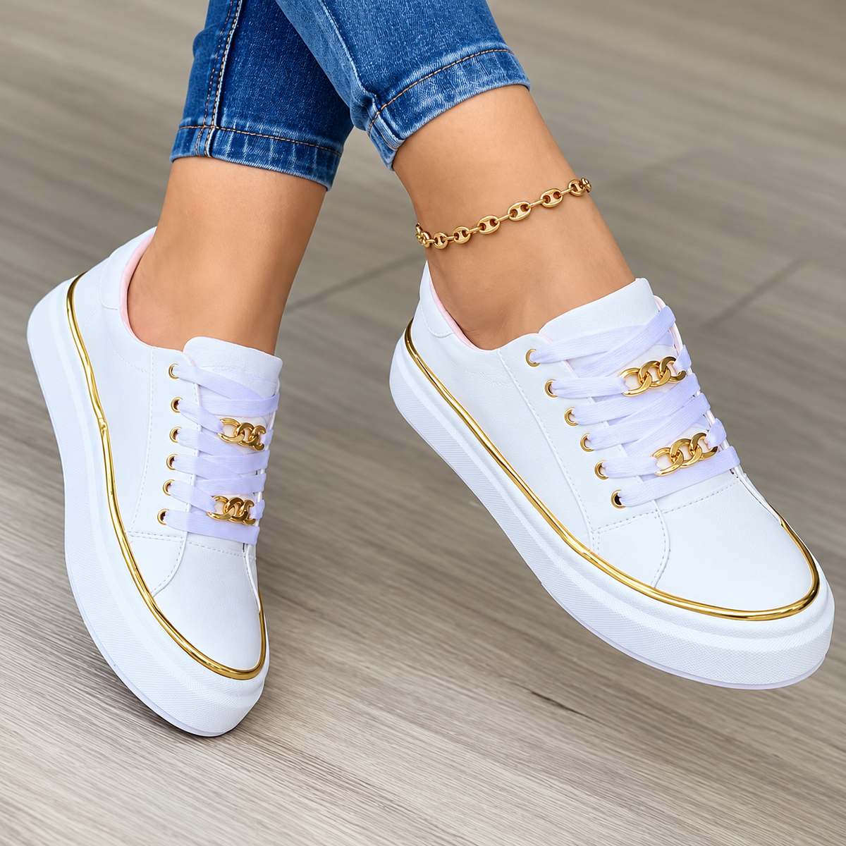 Naisy | Women's Lace-Up Casual Sneakers With Gold-Tone Details