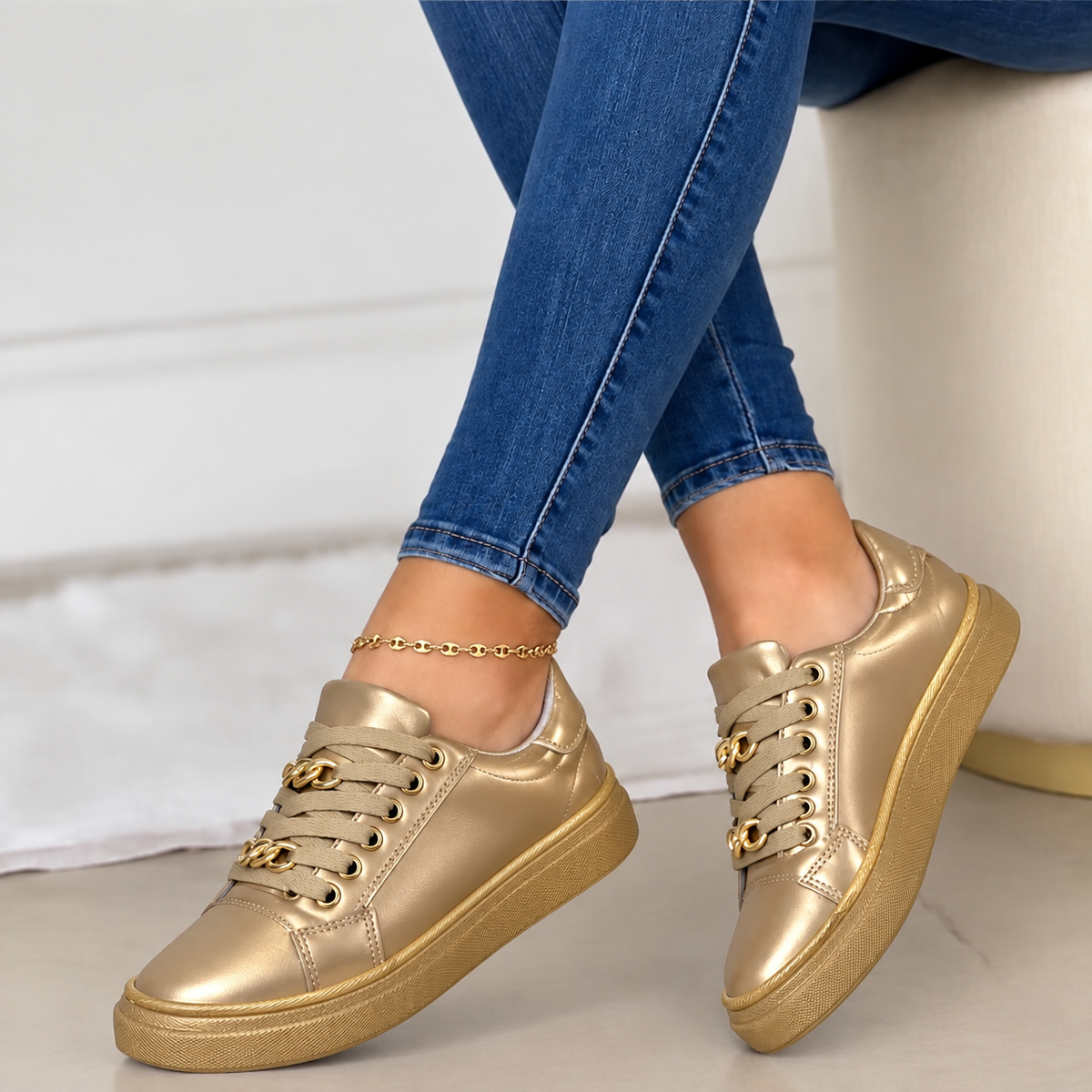 Naisy | Women's Lace-Up Casual Sneakers With Gold-Tone Details