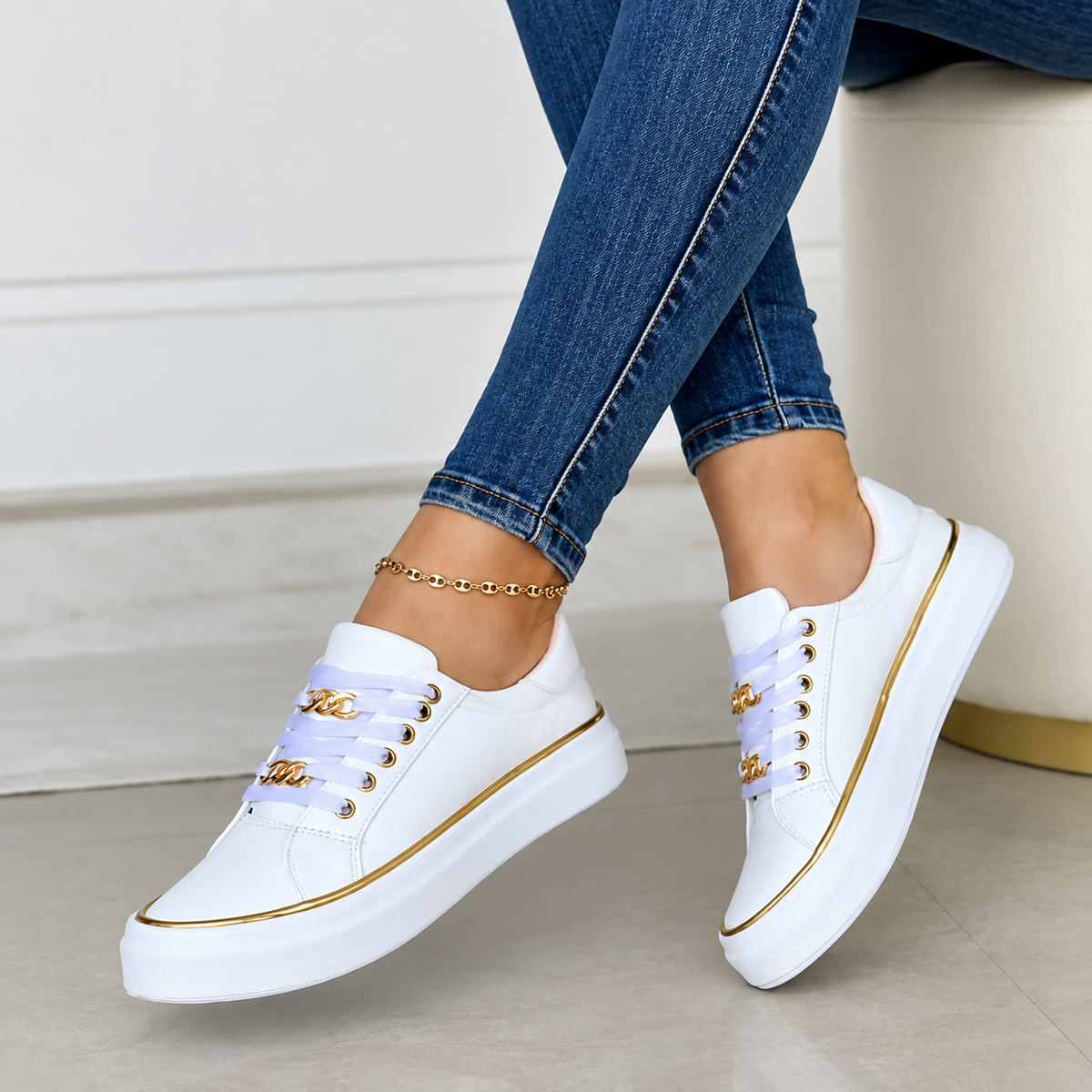 Naisy | Women's Lace-Up Casual Sneakers With Gold-Tone Details