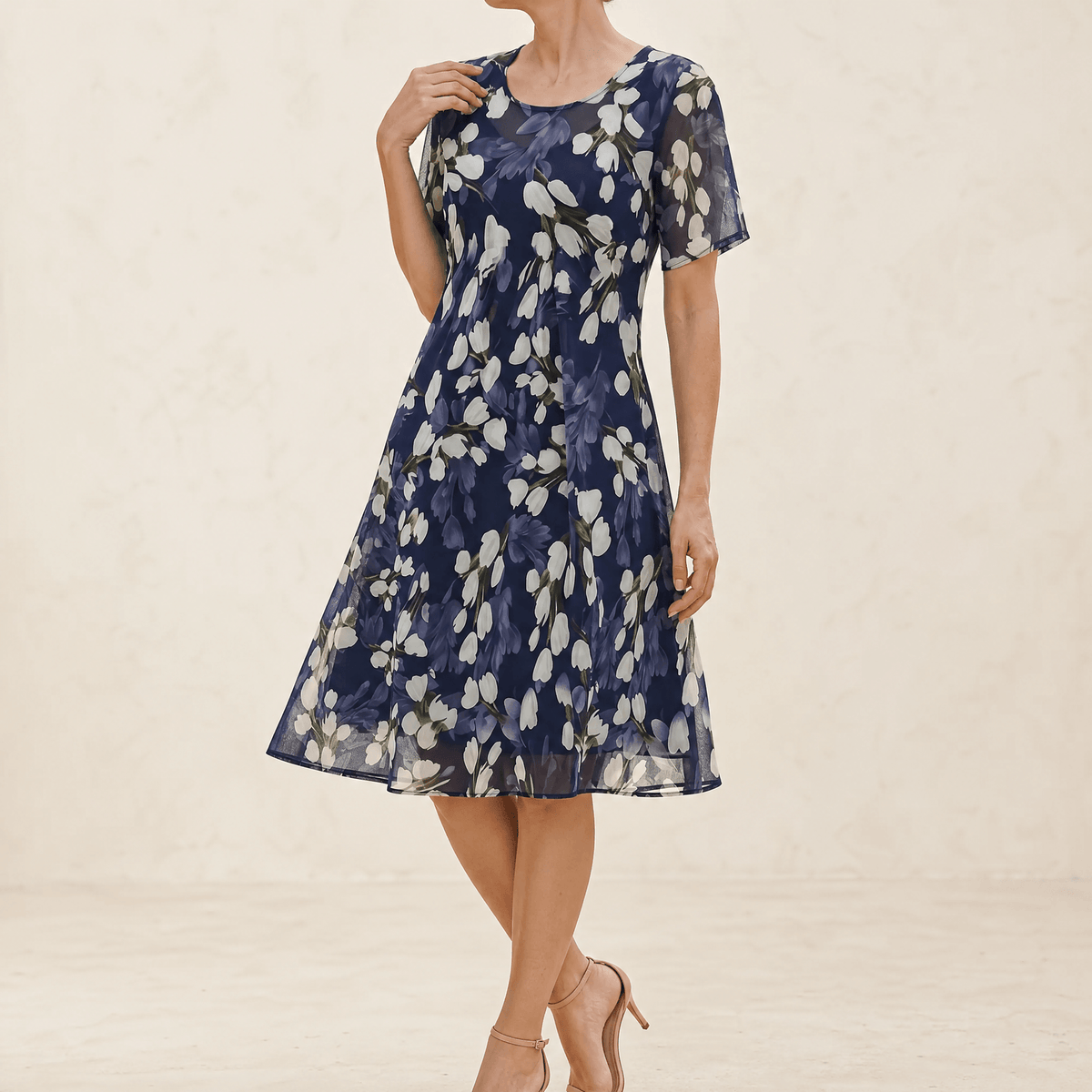 Naomi | Women's Navy Blue Floral A-Line Midi Dress