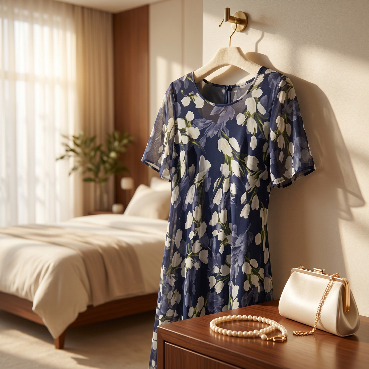 Naomi | Women's Navy Blue Floral A-Line Midi Dress