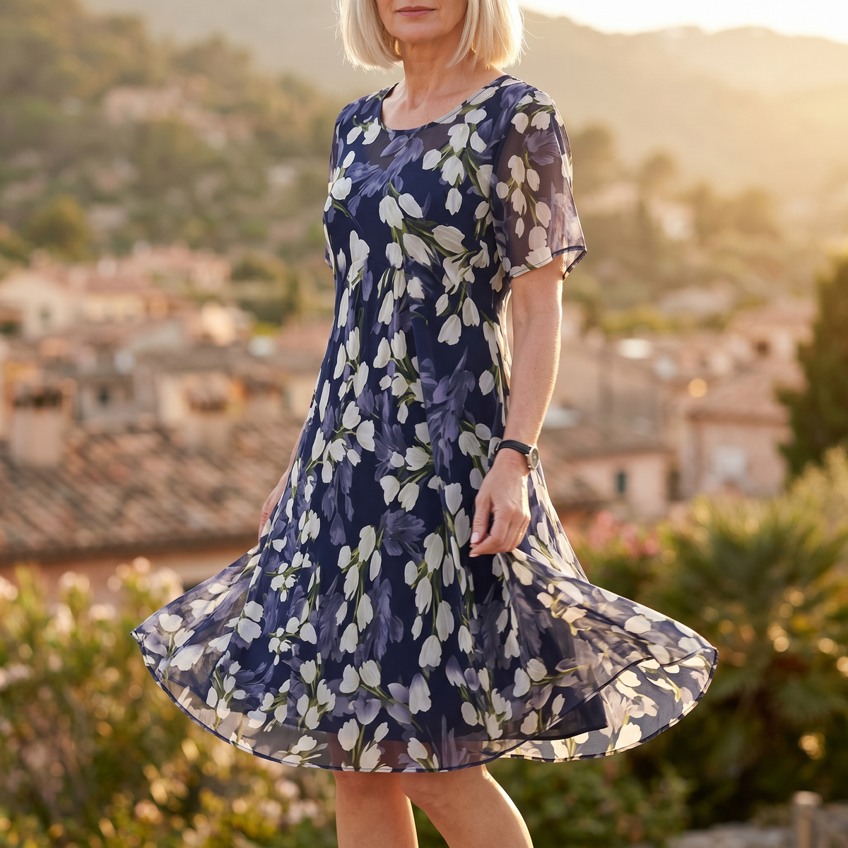 Naomi | Women's Navy Blue Floral A-Line Midi Dress