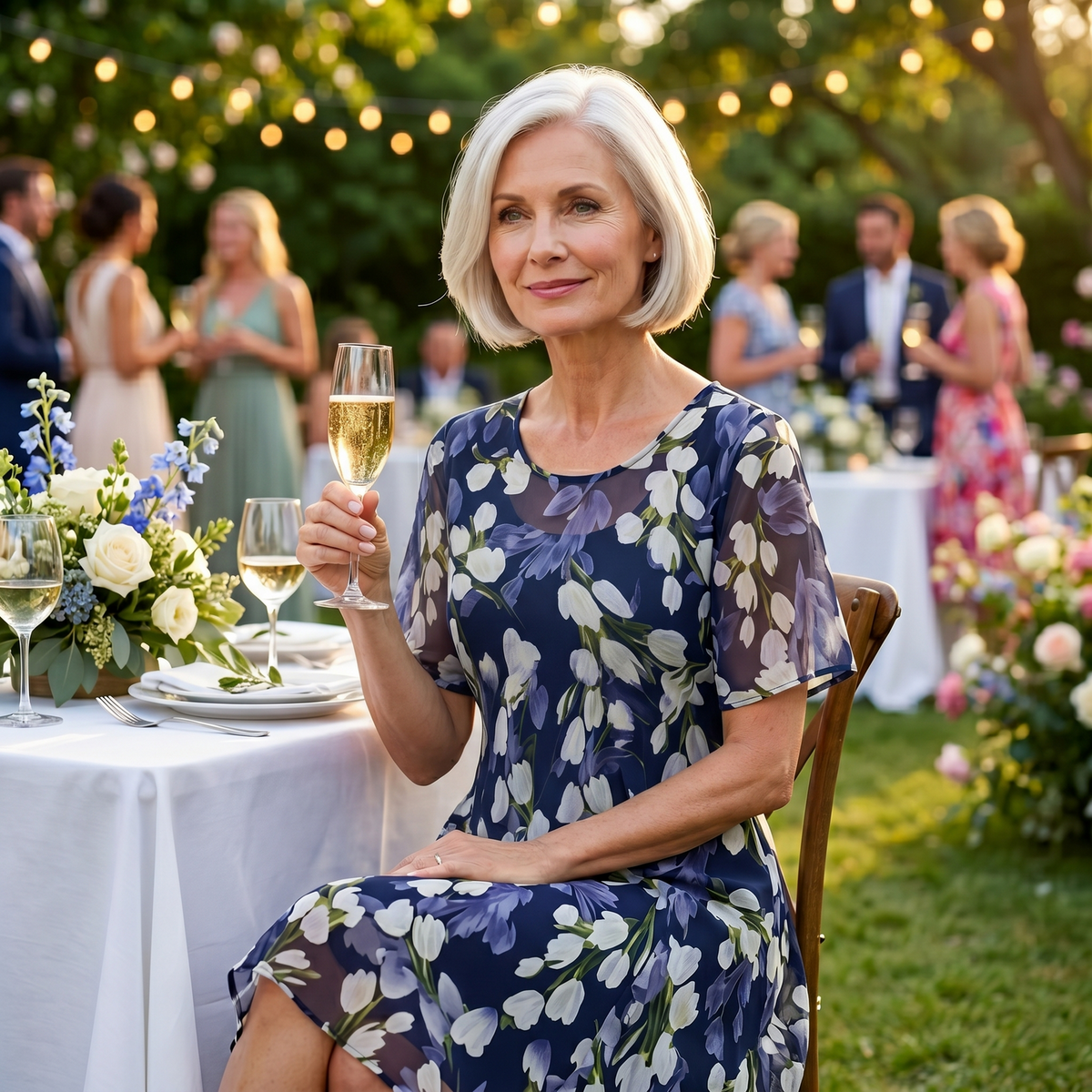 Naomi | Women's Navy Blue Floral A-Line Midi Dress