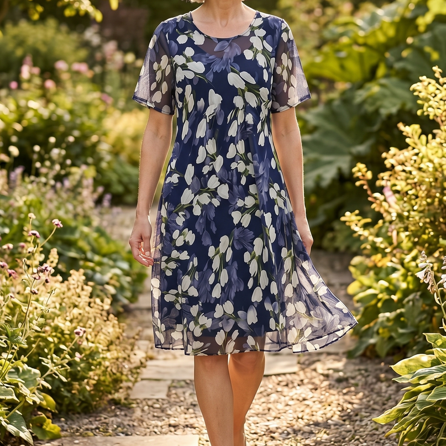 Naomi | Women's Navy Blue Floral A-Line Midi Dress