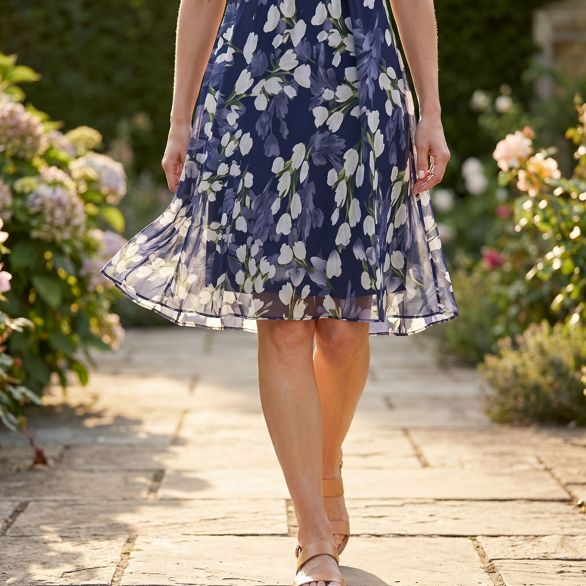 Naomi | Women's Navy Blue Floral A-Line Midi Dress