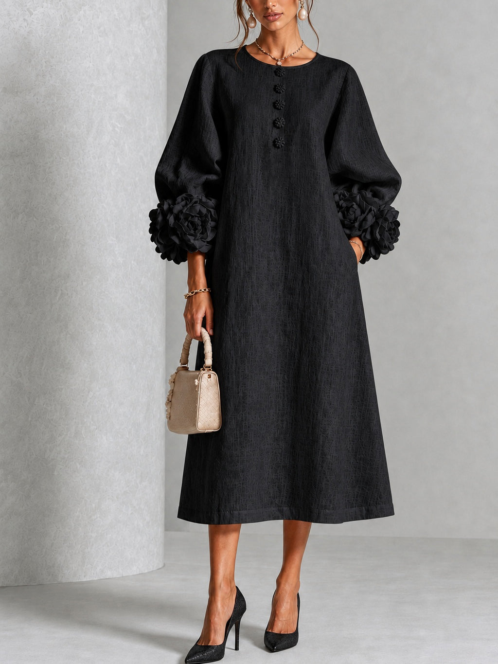 Natalie | Women's Button-Front Lantern Sleeve Midi Dress